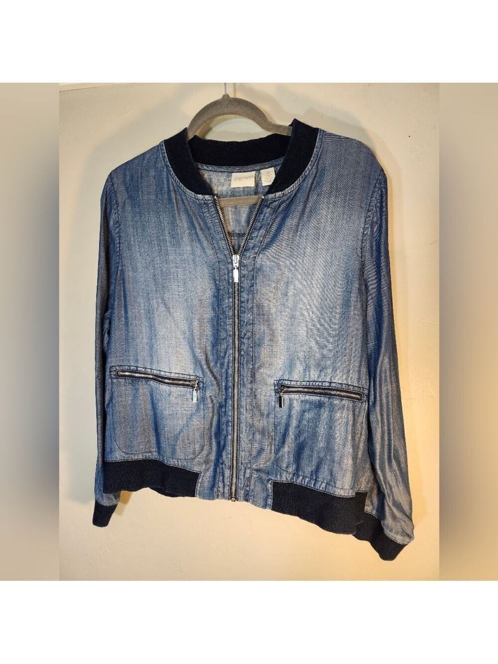 Zenergy Chico's Chambray Bomber Jacket Lightweight Sz 2